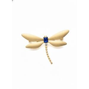 Elegant Gold Plated Dragon Fly Brooch Pin for Women White and Blue Crystals